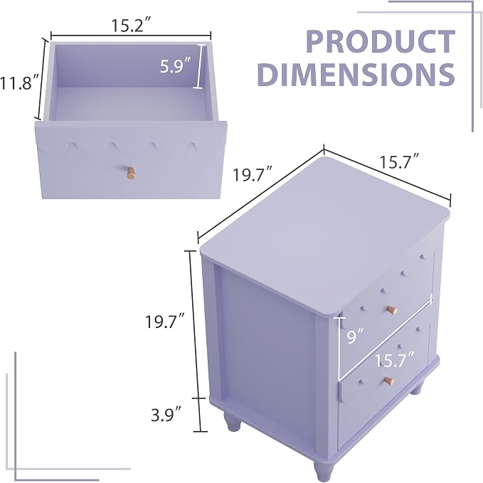 Anbuy Purple End Table Set of 2 with Petal Pattern, Modern Night Stand Set 2 with 3 Drawers for Bedroom, Side End Table Scalloped Bedside Night Tables with Solid Wood Legs