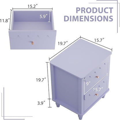 Anbuy Purple End Table Set of 2 with Petal Pattern, Modern Night Stand Set 2 with 3 Drawers for Bedroom, Side End Table Scalloped Bedside Night Tables with Solid Wood Legs