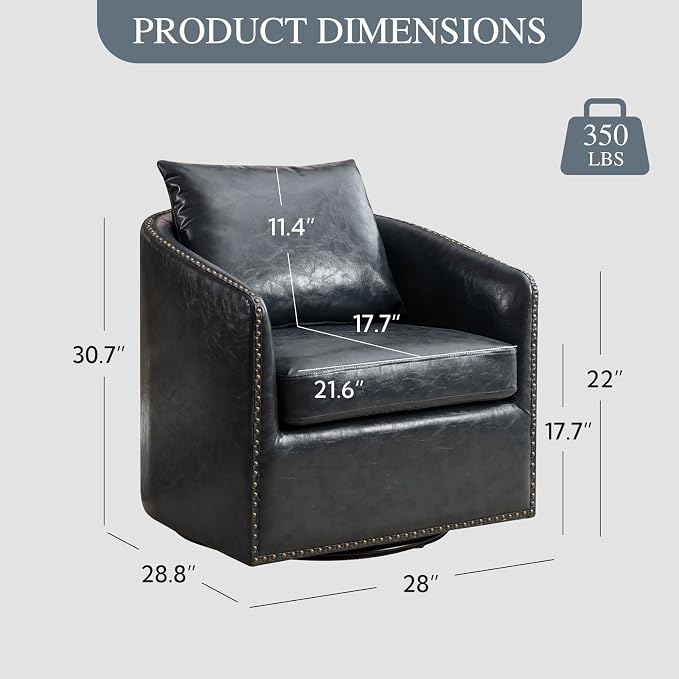 HAOMARKETS 360 Degree Swivel Accent Chair Set of Two with Plump Back Pillow, Waterproof Oil Waxed PU Leather Swivel Armchair with Rivets, Comfy Vintage Round Barrel Chair for Living Room