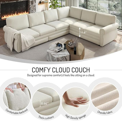 118" L-Shaped Sleeper Couch Bed - Oversize Convertible with Pull-Out Sofa Bed, Button Tufted Chesterfield Sofa, Chenille Sectional Vintage Couches for Living Room/Apartment(6-Seater, Beige)