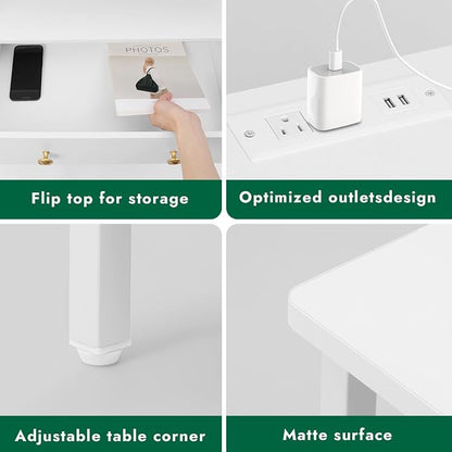 27" LED Nightstand Set 2 with Charging Station, 2 Drawers, White | Solid Wood and Steel Frame, 2 AC Outlets, 2 USB Ports, RGB App Control, Open Storage, Adjustable Feet, for Bedroom or Office