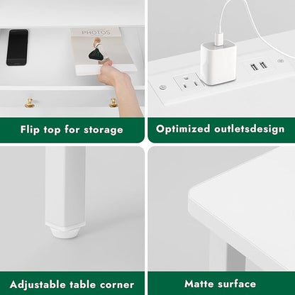 27 Inch LED Nightstand with Charging Station, 2 Drawers, White | Solid Wood and Steel Frame, 2 AC Outlets, 2 USB Ports, RGB App Control, Open Storage, Adjustable Feet, for Bedroom or Office