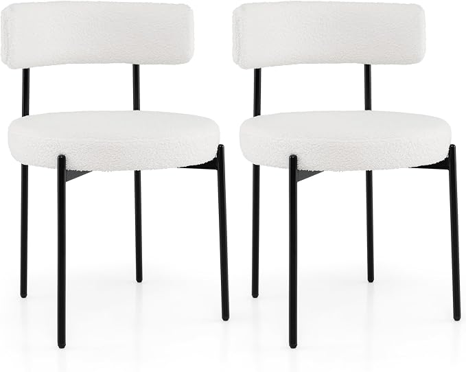 Giantex Boucle Dining Chairs Set of 2, Upholstered Round Kitchen Chair with Curved Backrest & Metal Legs, Modern Armless Side Chair, White Sherpa Accent Chairs for Dining Room