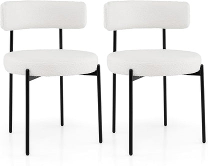Giantex Boucle Dining Chairs Set of 2, Upholstered Round Kitchen Chair with Curved Backrest & Metal Legs, Modern Armless Side Chair, White Sherpa Accent Chairs for Dining Room