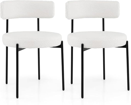 Giantex Boucle Dining Chairs Set of 2, Upholstered Round Kitchen Chair with Curved Backrest & Metal Legs, Modern Armless Side Chair, White Sherpa Accent Chairs for Dining Room