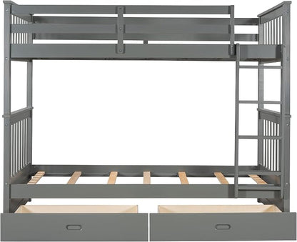 Merax Twin-Over-Twin Bunk Bed with Two Storage Drawers, Solid Wood Twin Size Bunk Bed with Guardrial and Removble Ladder, Can be Converted Into 2 Separate Beds, Grey