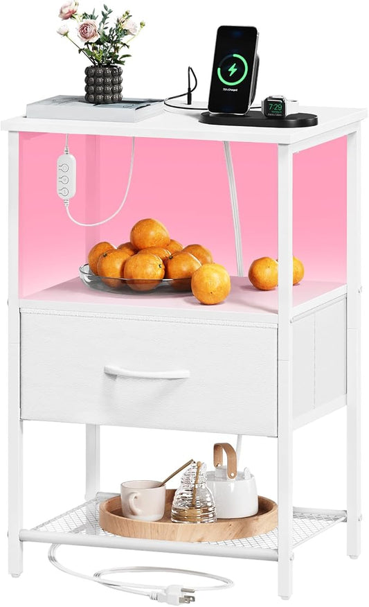 Somdot Nightstand with Charging Station and LED Light for Bedroom, Bedside Table End Table for Dorm Guest Room Bedside Kids Laundry Closet Entryway Hallway, White Leather