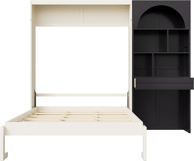 Merax Farmhouse Multi-Functional Murphy Bed with Cabinets & a Drawer,Black | Queen Size Solid Wood Foldable Wall Bed with Upholstered Headboard / No Box Spring Needed / Space Saving