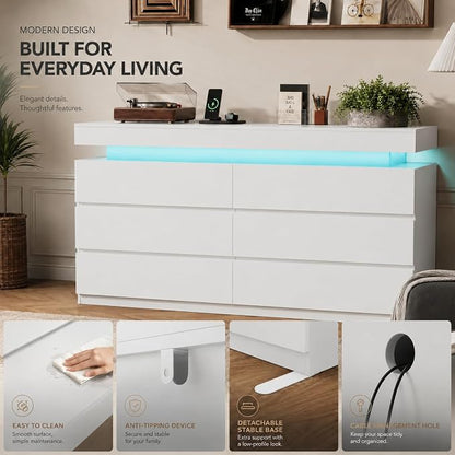 6 Drawer Dresser with LED Lights & Charging Station, Modern Floating White Dresser for Bedroom, Smart Storage Chest with 2 AC Outlets & USB Ports for Living Room, Closet, Entryway