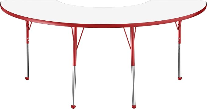 FDP Dry-Erase Half Moon Activity School and Office Table (36 x 72 inch), Standard Legs with Ball Glides for Collaborative Spaces, Adjustable Height 19-30 inches - Whiteboard Top, Red Edge and Legs