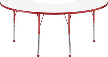 FDP Dry-Erase Half Moon Activity School and Office Table (36 x 72 inch), Standard Legs with Ball Glides for Collaborative Spaces, Adjustable Height 19-30 inches - Whiteboard Top, Red Edge and Legs