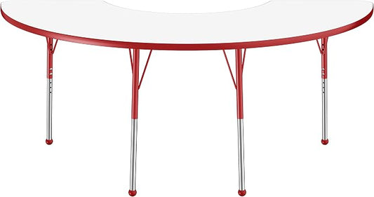 FDP Dry-Erase Half Moon Activity School and Office Table (36 x 72 inch), Standard Legs with Ball Glides for Collaborative Spaces, Adjustable Height 19-30 inches - Whiteboard Top, Red Edge and Legs