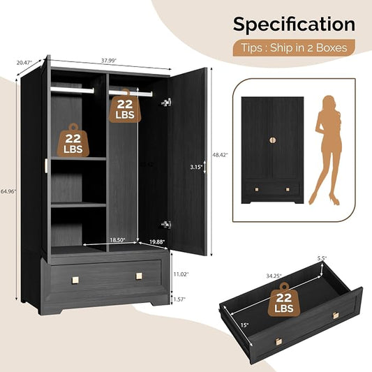 VINGLI Armoire Wardrobe Closet with Doors, 38" W Armoire Wardrobe Cabinet with Drawers and Hanging Rod, Black Wood Bedroom Armoires, 21" D x 38" W x 65" H