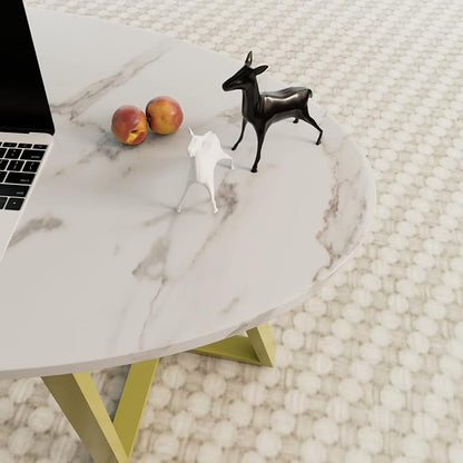 Wolawu Coffee Table White Faux Marble Coffee Table for Living Room,Oval Center Tables Modern Tea Table for Small Space,Wooden Living Room Tables End Table with Sturdy Gold Metal Leg