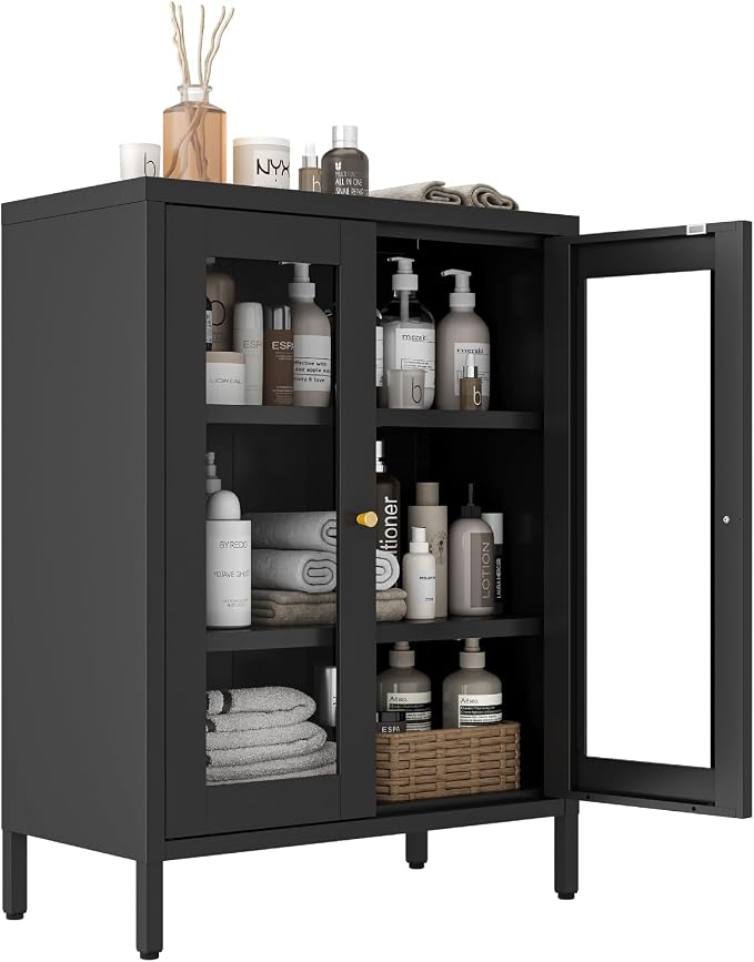 Metal Bathroom Cabinet, Small Floor Storage Cabinet, Freestanding Sideboard with 2 Adjustable Shelves for Living Room, Dining Room