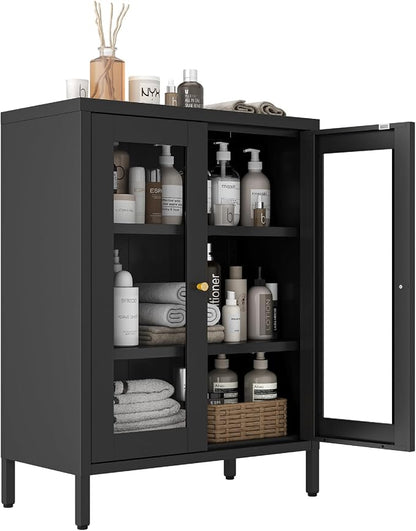 Metal Bathroom Cabinet, Small Floor Storage Cabinet, Freestanding Sideboard with 2 Adjustable Shelves for Living Room, Dining Room