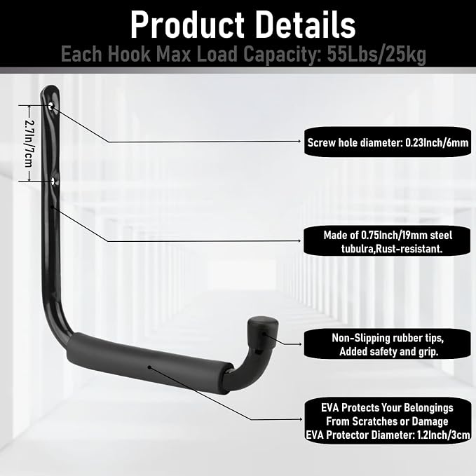 Heavy Duty Steel Garage Storage Hooks, 9.5Inches Jumbo Arm Ladders Utility Rack, Wall Mounted Hanger Organizer for Tools, Bikes, Jeep Door