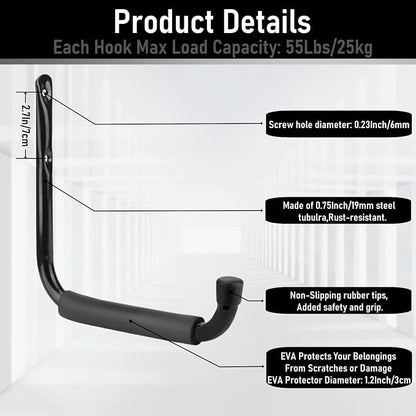 Heavy Duty Steel Garage Storage Hooks, 9.5Inches Jumbo Arm Ladders Utility Rack, Wall Mounted Hanger Organizer for Tools, Bikes, Jeep Door