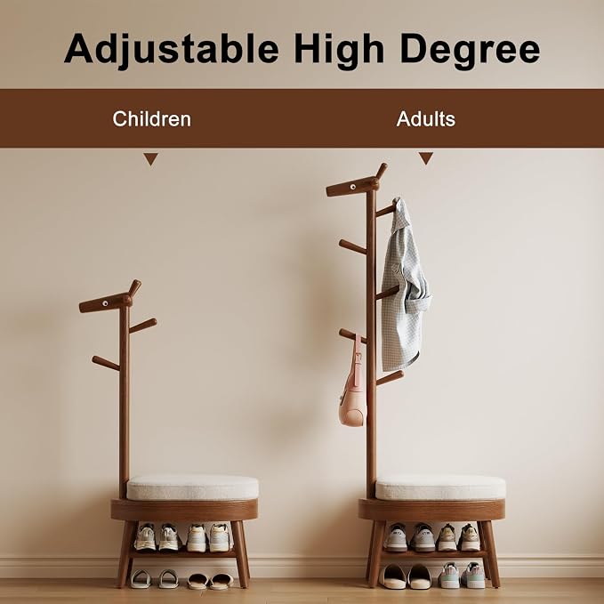 AQIMUELE Entryway Shoe Rack with Coat Rack, Wooden Shoe Bench with Upholstered Cushion, 3-in-1, 2-Tier Shoe Storage and Cute Animal Hooks for Entryway, Hallway, Closet (Walnut 24.4")