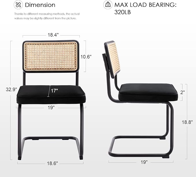 Zesthouse Rattan Dining Chairs Set of 6, Mid Century Modern Dining Room Chairs with Natural Cane Mesh & Black Base, Black Cesca Chair Velvet Fabric, Farmhouse Kitchen Chair with Solid Wood Frame Back