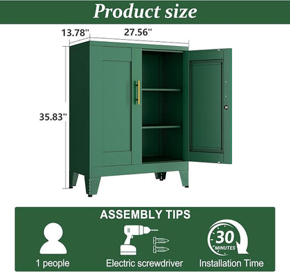 Green Metal Storage Cabinet, 36" Tall Locking Storage Cabinet, 14”D | with 2 Adjustable Shelves, Steel Locker Organizer, Metal Freestanding Buffet Cupboards Sideboard for Office, Home, School,2PS
