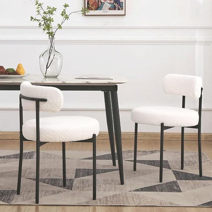 EDWELL White Dining Chairs Set of 2, Modern Dining Room Chairs Mid Century with 3.94" Cushions and Metal Legs, Round Upholstered Boucle Chairs for Kitchen, Living Room, Easy Assembly