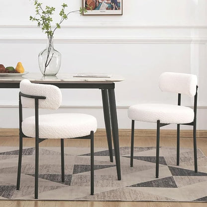 EDWELL White Dining Chairs Set of 2, Modern Dining Room Chairs Mid Century with 3.94" Cushions and Metal Legs, Round Upholstered Boucle Chairs for Kitchen, Living Room, Easy Assembly