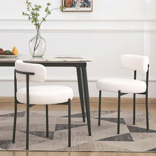 EDWELL White Dining Chairs Set of 2, Modern Dining Room Chairs Mid Century with 3.94" Cushions and Metal Legs, Round Upholstered Boucle Chairs for Kitchen, Living Room, Easy Assembly