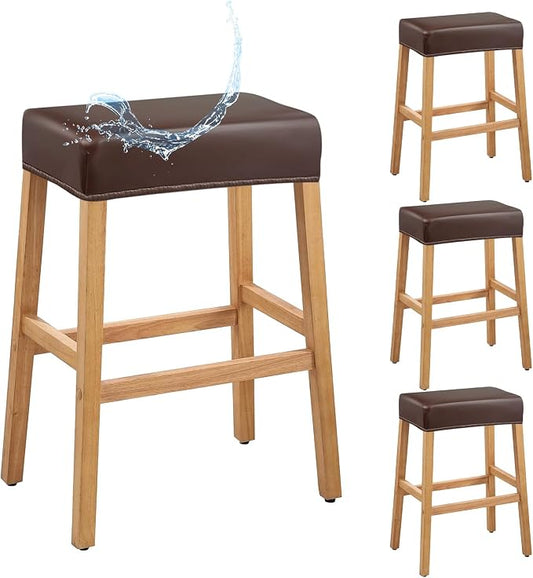 PU Leather Bar Stool Covers Rectangular, 100% Waterproof Stool Covers Rectangle Super Stretch 20% Thicker Leather Saddle Stools Cover Rectangular Counter Bar Stools with Elastic Band (4 PCS, Coffee)