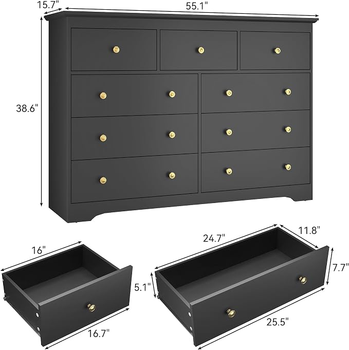 Black Dresser for Bedroom，55" Wide 9 Drawers Dressers,Modern Wooden Chest for Living Room, Hallway