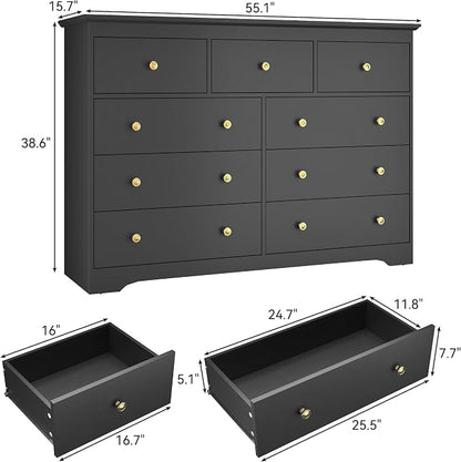 Black Dresser for Bedroom，55" Wide 9 Drawers Dressers,Modern Wooden Chest for Living Room, Hallway