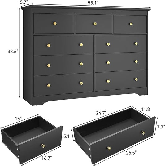 Black Dresser for Bedroom，55" Wide 9 Drawers Dressers,Modern Wooden Chest for Living Room, Hallway