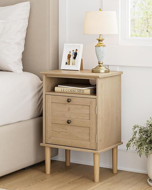 Nightstand, Boho Night Stand with 1 Drawer, Modern Side Accent Table with Open Shelf, Wooden Top Bedside End Table for Bedroom, Living Room, Natural