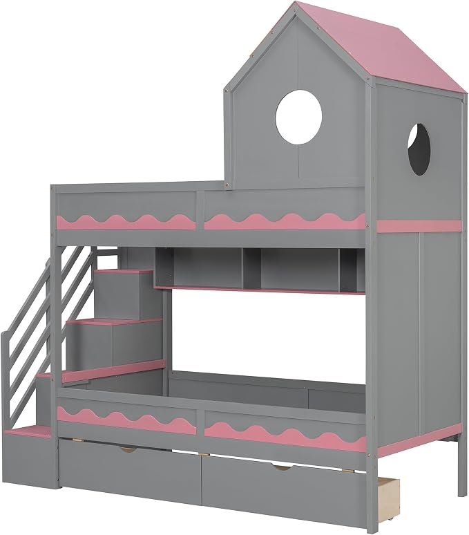 Virubi Twin House Bunk Bed with Stairs and Drawers,Wood Castle Bed with Storage Drawers Shelves& LED Lights (Twin Over Twin,Grey)