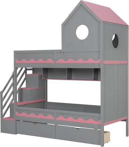 Virubi Twin House Bunk Bed with Stairs and Drawers,Wood Castle Bed with Storage Drawers Shelves& LED Lights (Twin Over Twin,Grey)