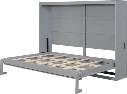 Ball & Cast Murphy Bed Full Size,Wall Beds with Charging Station and Storage Top,Slat Support,Wood Hideaway Cabinet Bedframe w/Leg,can be Folded,Space-Saving,for Small Room,Dorms,Gray