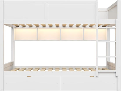 Wood Bunk Bed Full XL over Full XL Size with Built-in Storage Cabinets, 2 Drawers and LED Light, Versatile Bunk Bed Frame with Ladder and Guardrail for Kids Teens Adult, Maximize Space (White-1.13)
