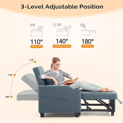VINGLI Sleeper Chair with Pull Out Couch Bed, 3-in-1 Convertible Sofa Bed Chaise Recliner with USB Ports, Cup Holders, Side Pockets for Living Room Bedroom Small Spaces
