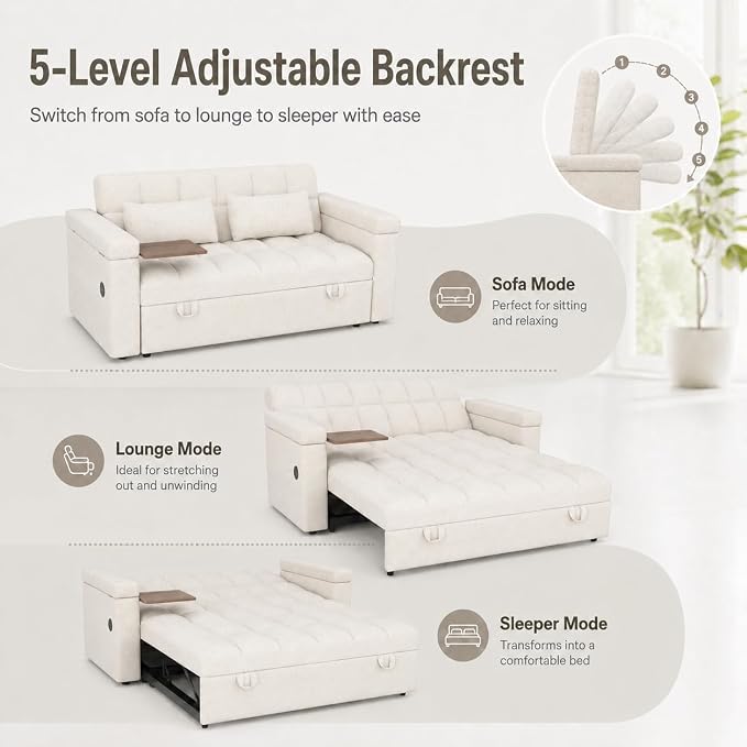 65'' Sleeper Sofa Bed, Pull Out Couch with Side Table | USB Charging Port | Adjustable Backrest | Chenille Fabric, Convertible Loveseat for Living Room, Apartment, Small Spaces (Beige)