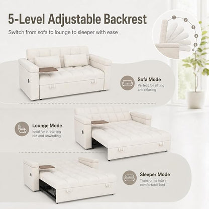 65'' Sleeper Sofa Bed, Pull Out Couch with Side Table | USB Charging Port | Adjustable Backrest | Chenille Fabric, Convertible Loveseat for Living Room, Apartment, Small Spaces (Beige)