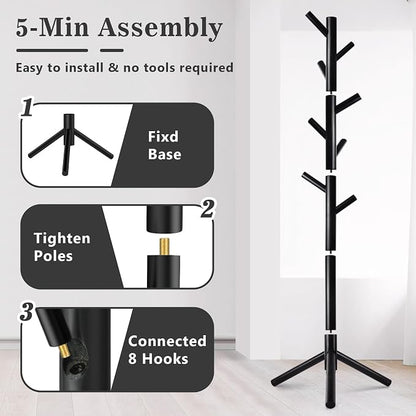 Wooden Coat Rack Freestanding with 8 Hooks,Easy Assembly New Zealand Pine Tree Coat Racks, 3 Adjustable Sizes for Clothes, Hats, Bags, for Entryway, Hallway, Bedroom, Office (Black, 2 PCS)