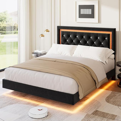 Garvee Floating Bed Frame Full Size with Smart Led Lights, Upholstered Platform Bed with Diamond Headboard, Solid Wood Slats Support, No Box Spring Needed, Noise-Free, Easy Assembly, Black