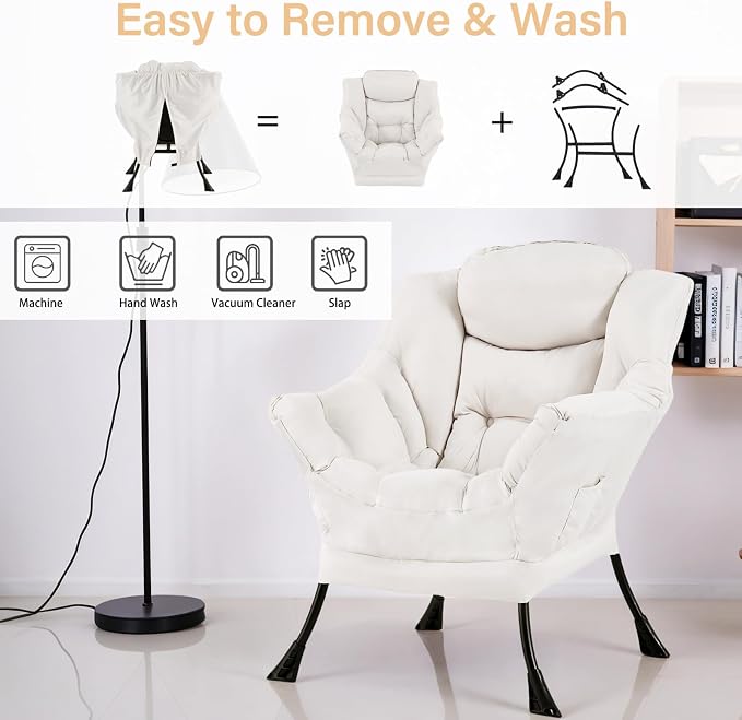 Furlide Lazy Chair for Living Room, Modern Accent Chairs with Armrests, Beige Armchairs with Side Pocket, Cozy Lazy Sofa for Reading, Balcony, Bedroom, Dorm, Small Spaces
