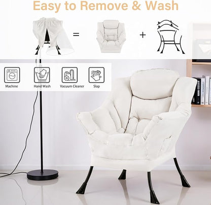 Furlide Lazy Chair for Living Room, Modern Accent Chairs with Armrests, Beige Armchairs with Side Pocket, Cozy Lazy Sofa for Reading, Balcony, Bedroom, Dorm, Small Spaces
