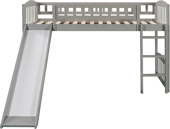 Twin Size Loft Bed, Wood Loft Bed with Slide and Ladder, Gray