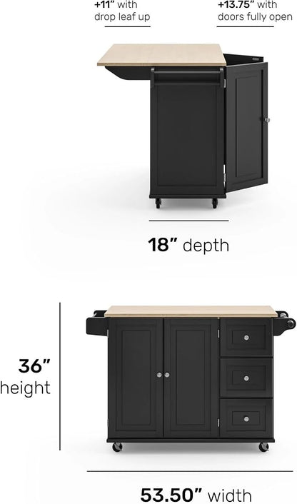 Homestyles Dolly Madison Black Mobile Kitchen Island Cart with Wood Drop Leaf Breakfast Bar