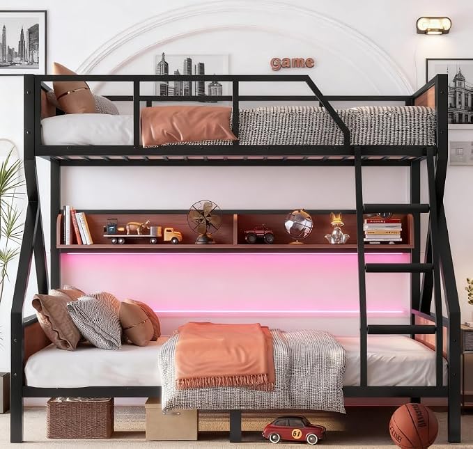 Bellemave Bunk Bed Twin Over Full with LED, Heavy Duty Metal Bunk BedFrame with Storage Shelves and Lights, Black