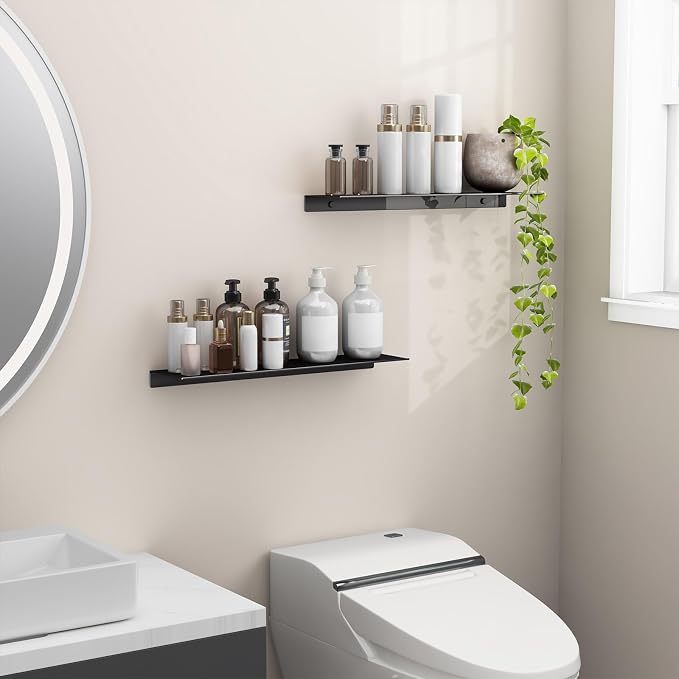 Danpoo 20 inch Long Metal Floating Shelves for Wall Organizer & Storage, Display Shelves for Bathroom, Living Room, Kitchen, Bedroom(Matte Black, 2-Pack)