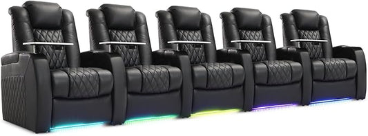 Weilianda Home Theater Seating Top Grain Leather Zero Gravity Recliner Chair Power Headrest Recline Movie Seat Gaming 7 Colors Mood Light Sofa with Tray Table USB Charge Row of 5 Black