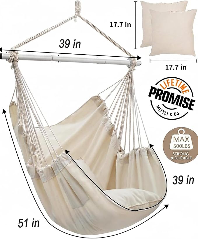 Miztli Hammock Chair with Hanging Chair Cover – 2 Cushions, Steel Spreader Bar with Anti-Slip Rings, Comfortable Indoor & Outdoor Hanging Chair – Includes Protective Waterproof Cover (57x45.5 in)